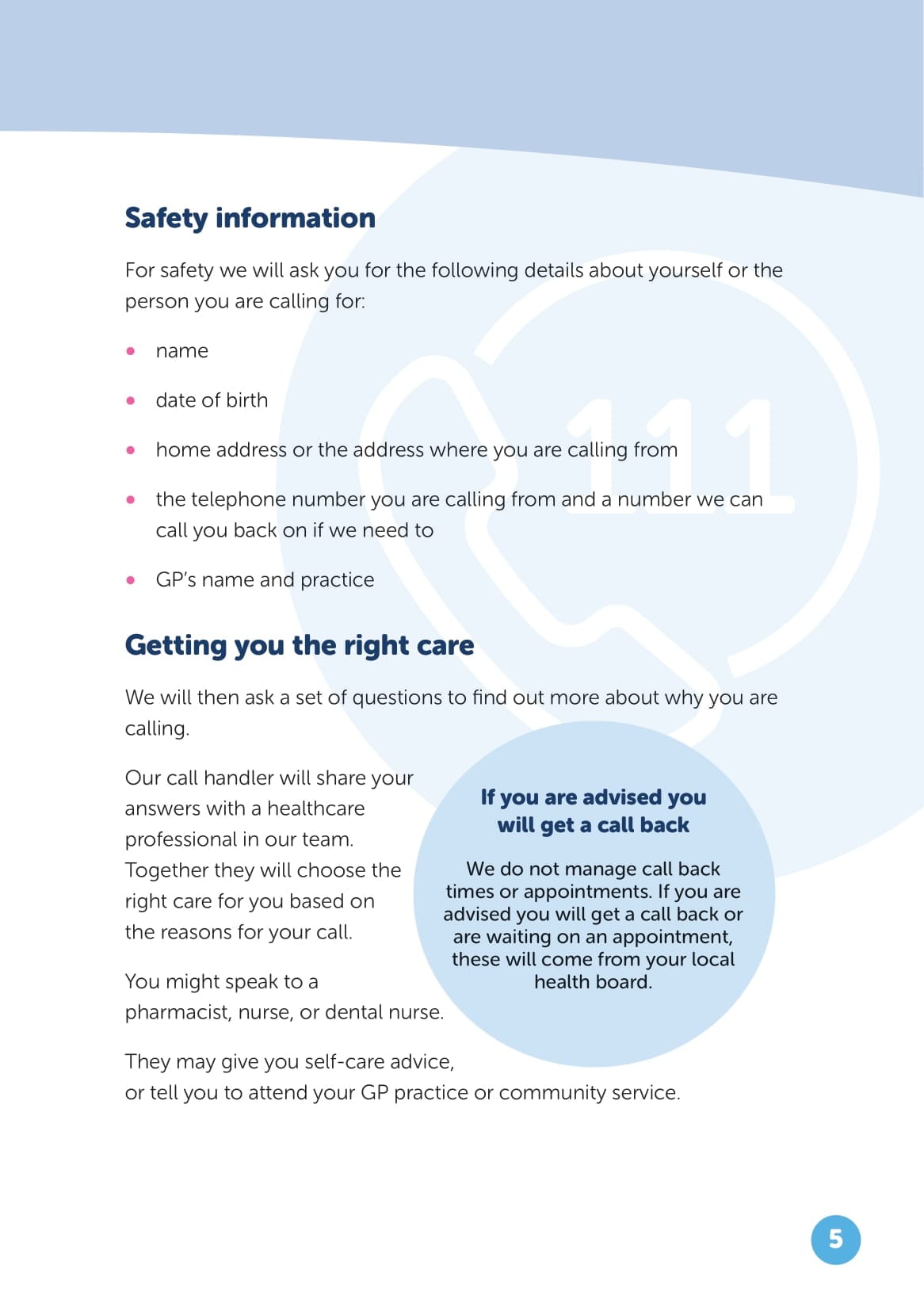 NHS 24. A Guide to our Services. Safety Info.