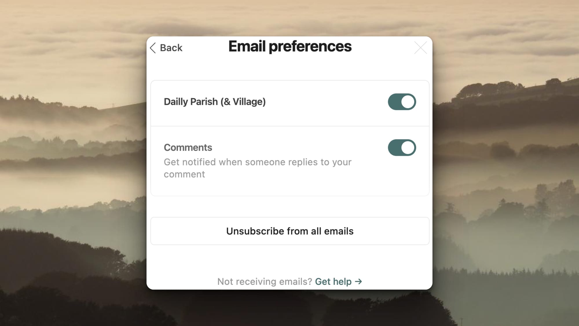Screenshot of email preferences centre for Dailly Village & Parish Website.