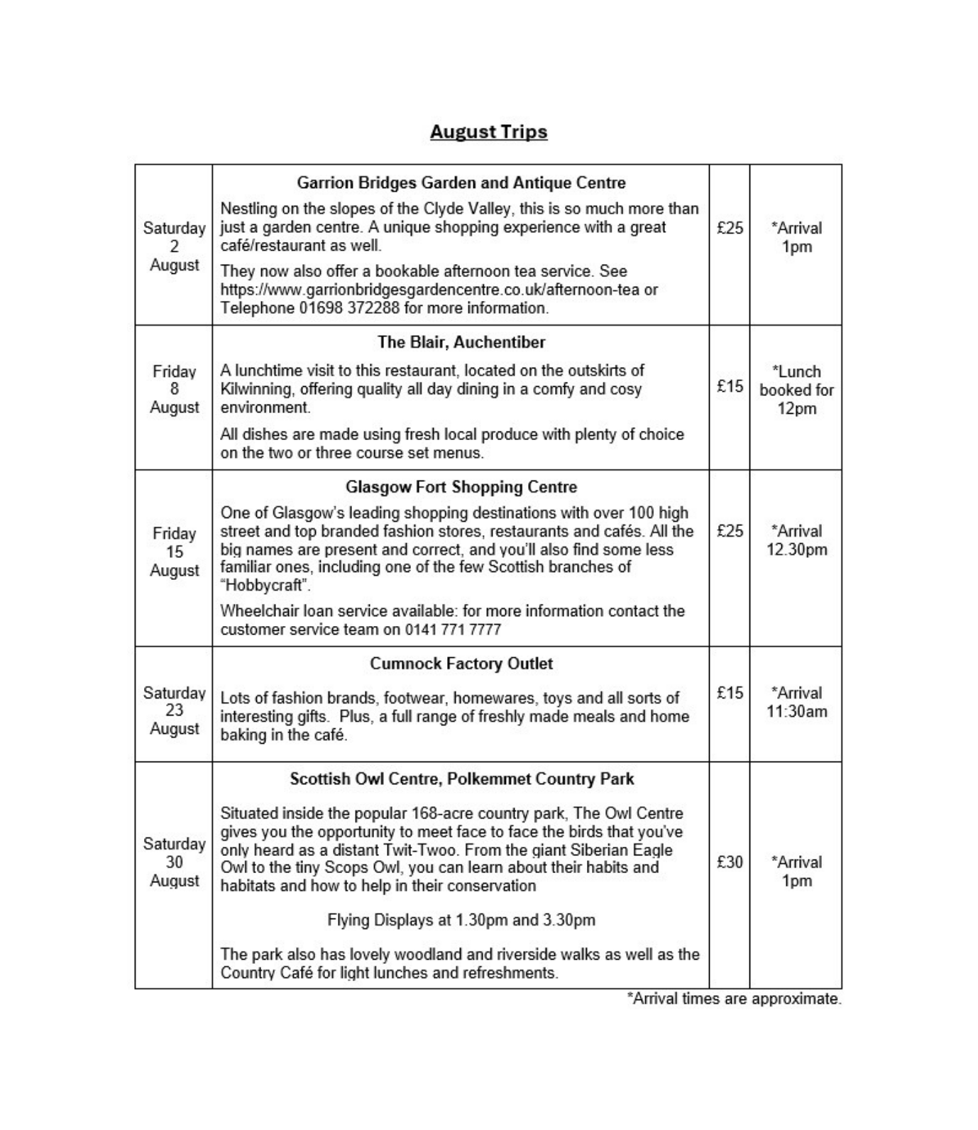 South Ayrshire Community Transport (SACT) August 2025 Trip Schedule.