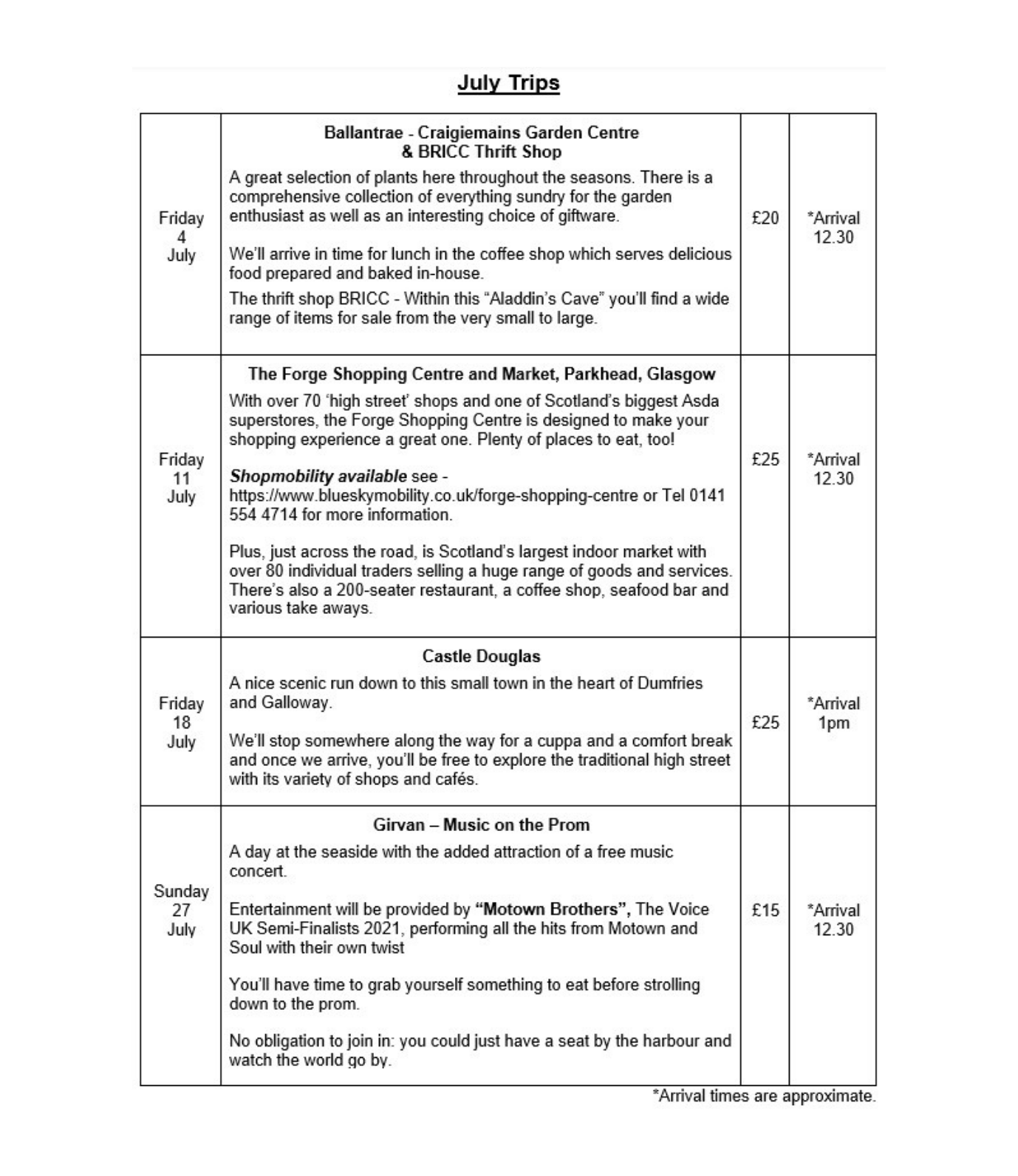 South Ayrshire Community Transport (SACT) July 2025 Trip Schedule.