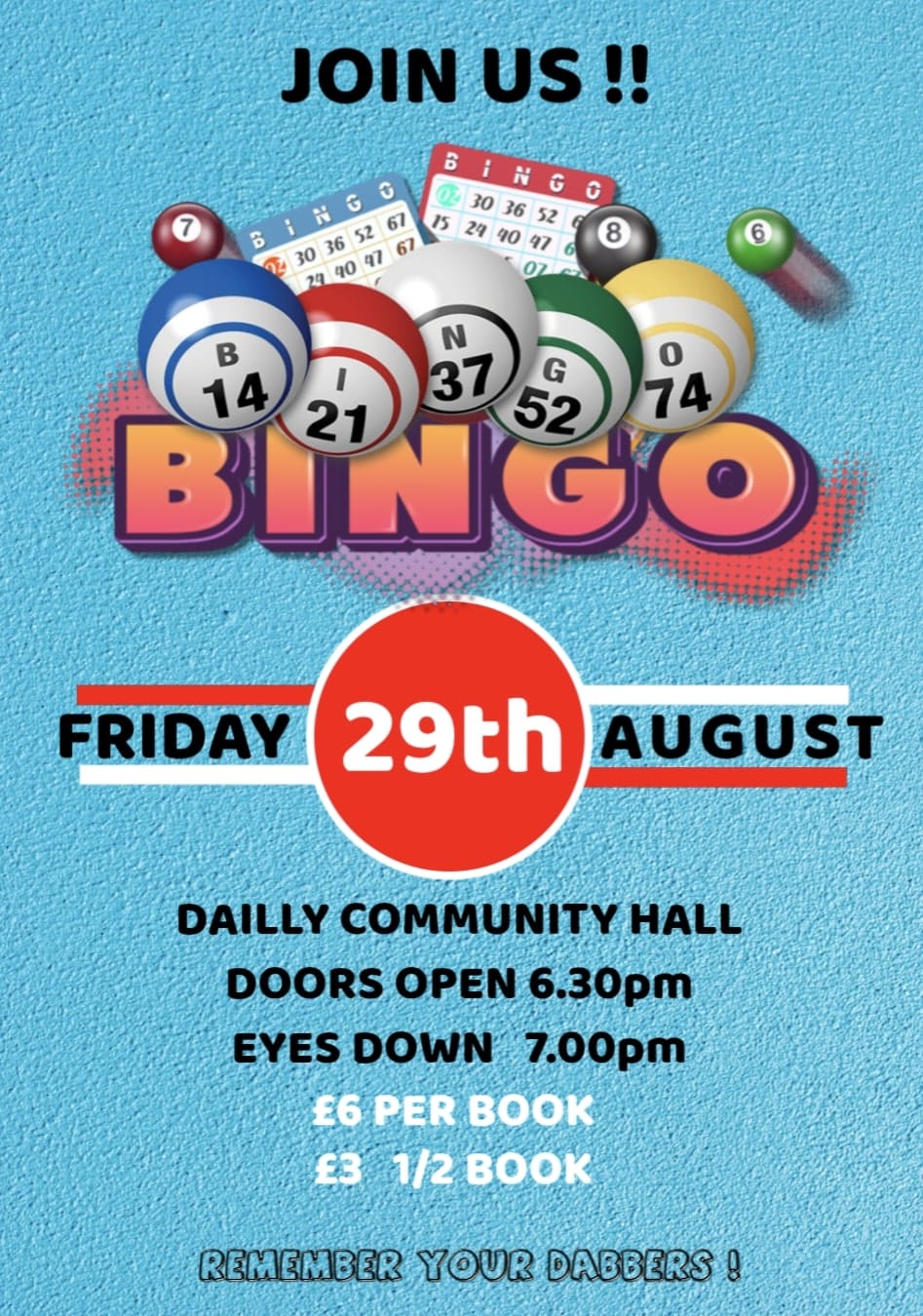 Dailly Cash Bingo flyer for 29 August 2025 night.