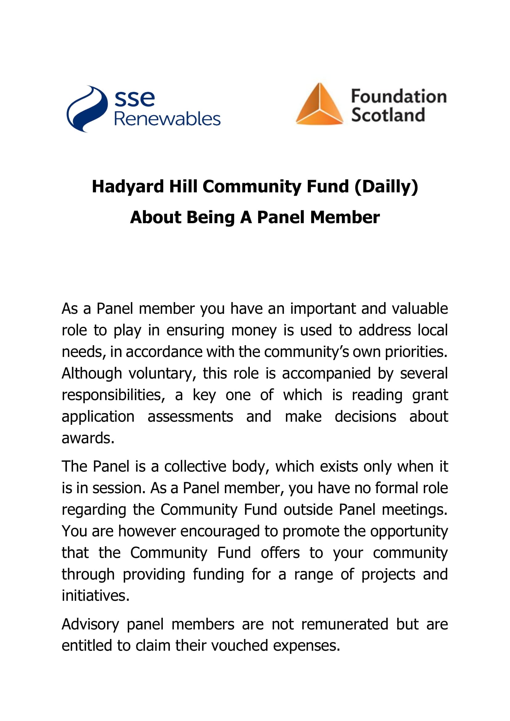 Hadyard Hill Community Fund (Dailly) About Being A Panel Member 1 of 3