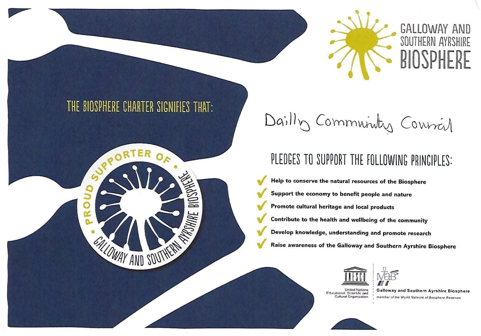 Dailly Community Council GSA Biophere pledge.