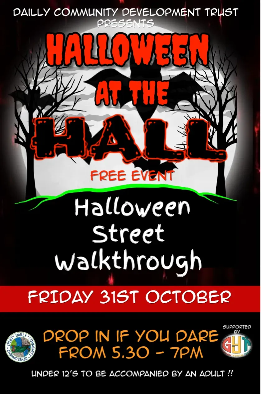 Halloween at the Hall Flyer. Black and red with bats against the moonlight.