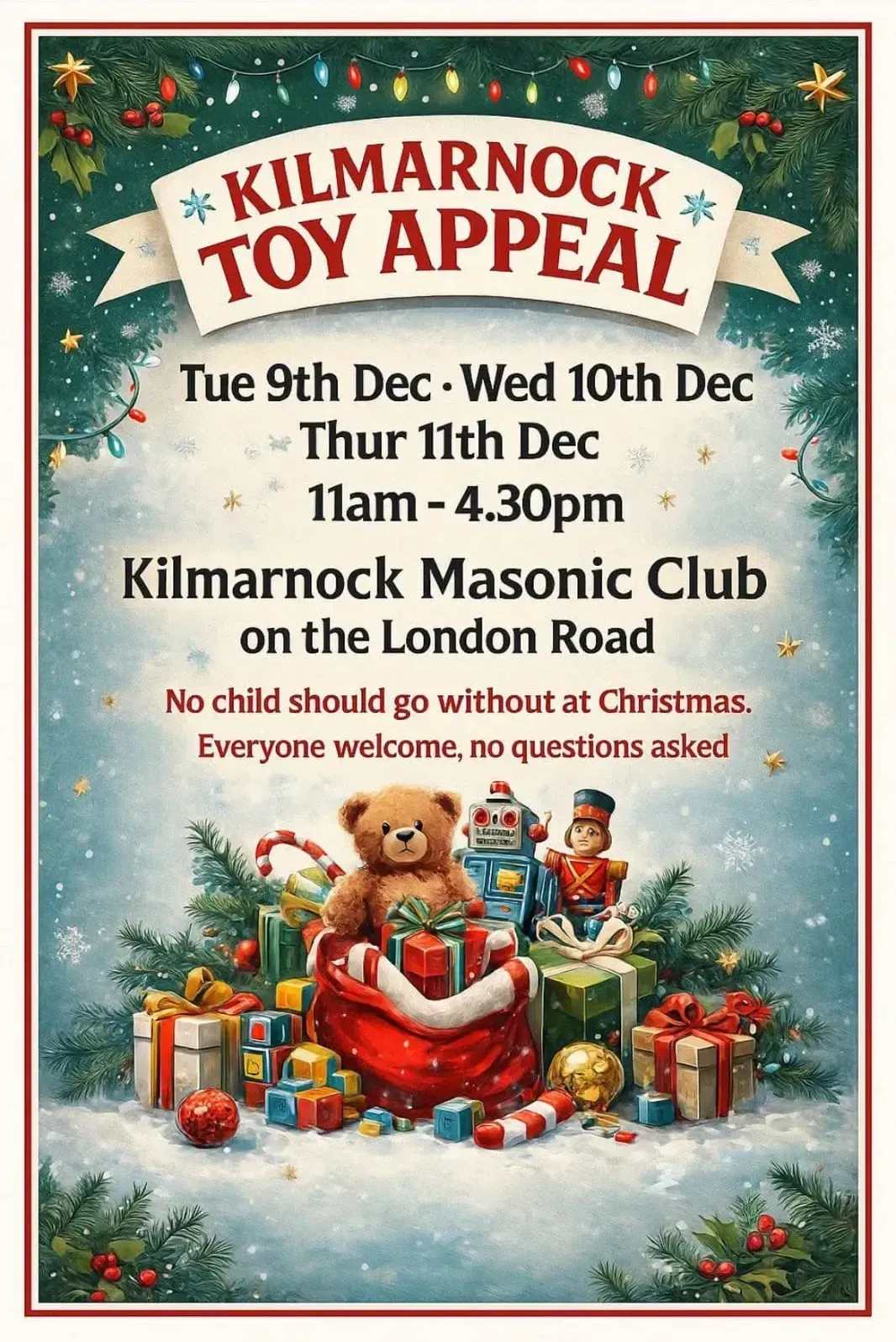 Kilmarnock Toy Appeal flyer. Christmas toys, and a teddy in Santa's sack on the snow.