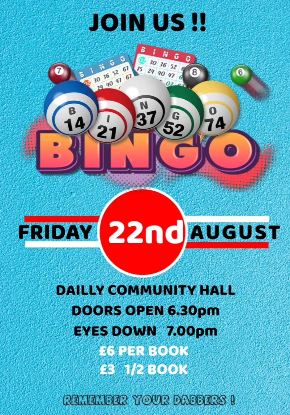Dailly Cash Bingo Friday 22nd August 2025