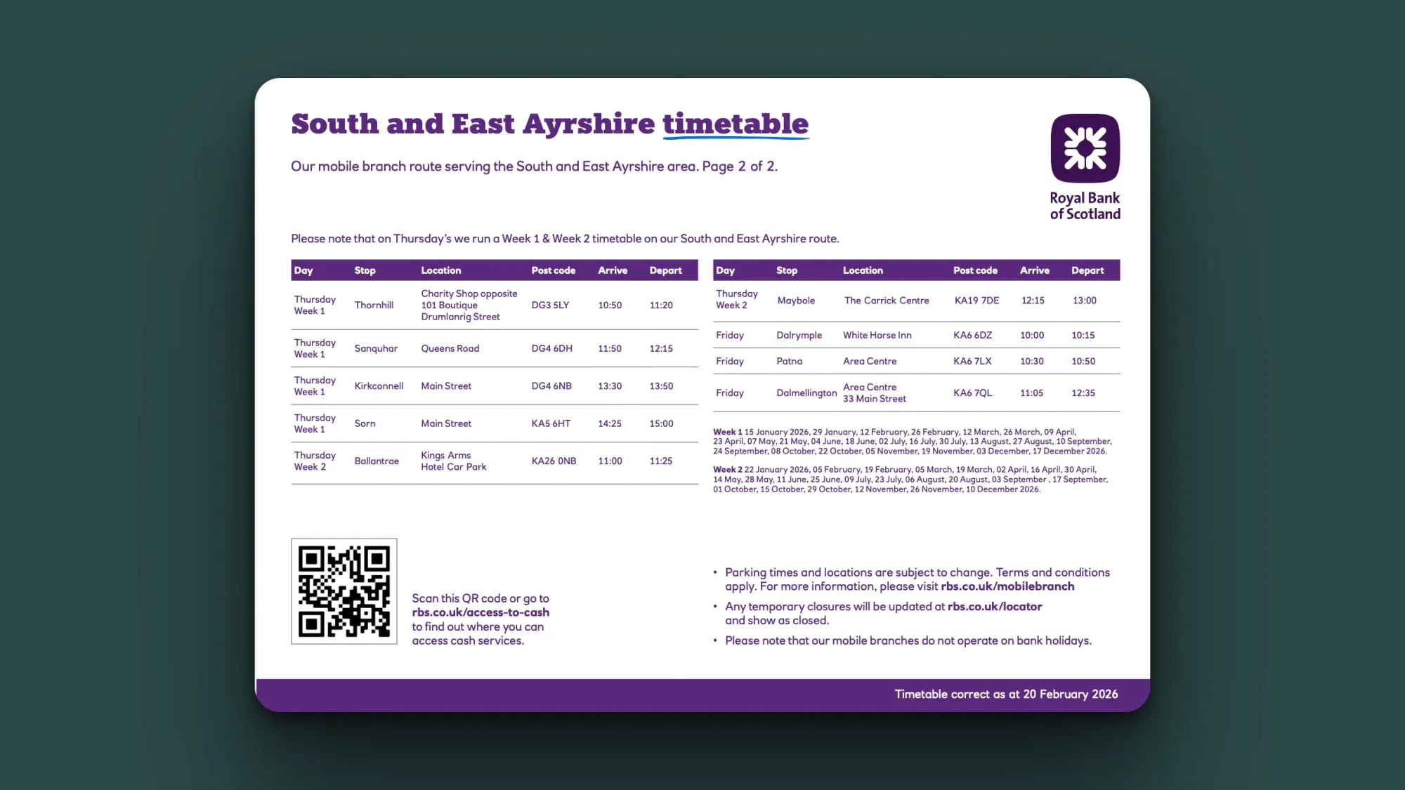 Royal Bank of Scotland Mobile Banking Timetable, Maybole, South Ayrshire (Every other Thursday)