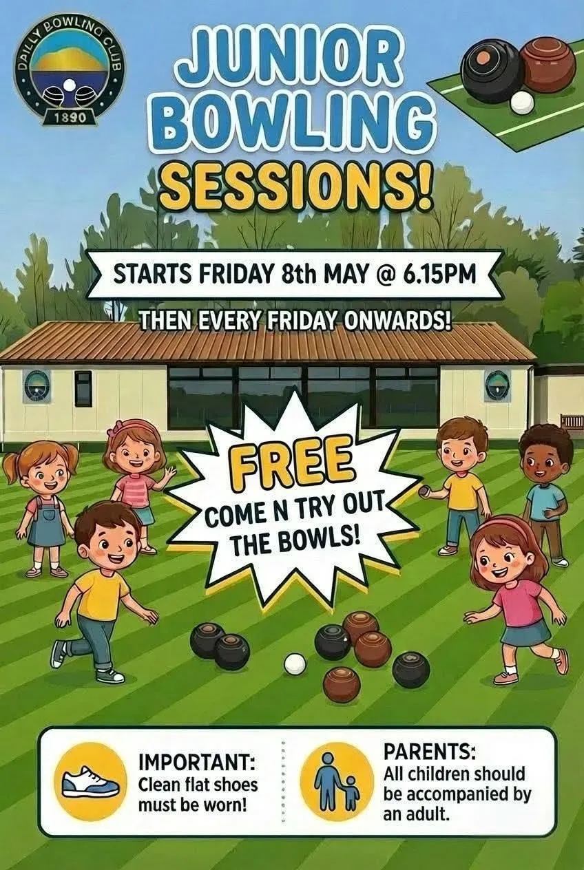 Dailly Junior Bowls Flyer. Children on a bowling green, smiling having fun.
