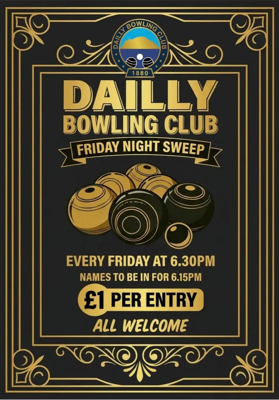 Daily Bowling Club Friday Sweep Flyer. Black and gold borders and writing.