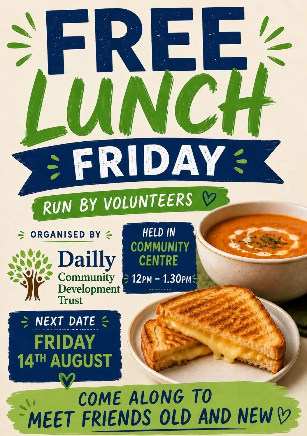 Free Lunch Friday creative, next lunch 14 August 2026.
