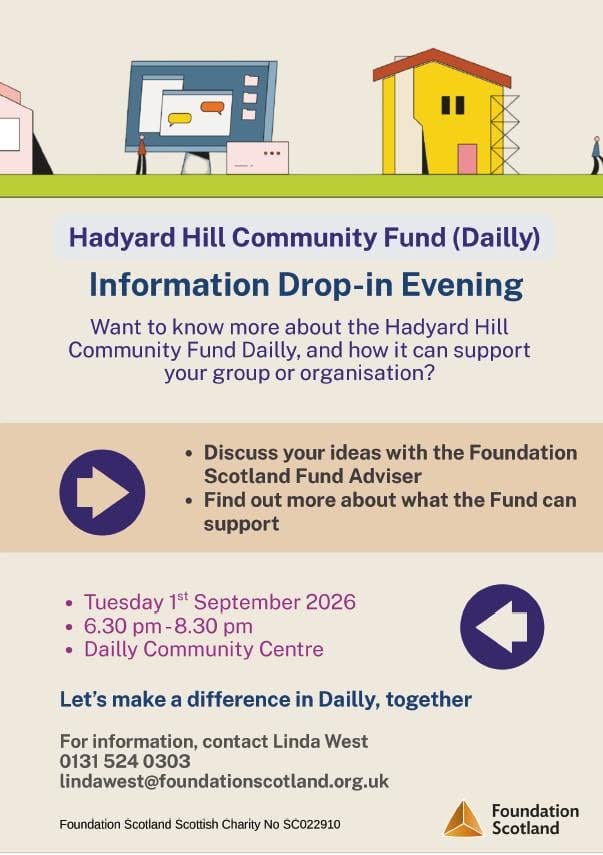 Hadyard Hill Community Fund (Dailly) Flyer for Drop-In 1.9.2026 6.30-8.30pm.