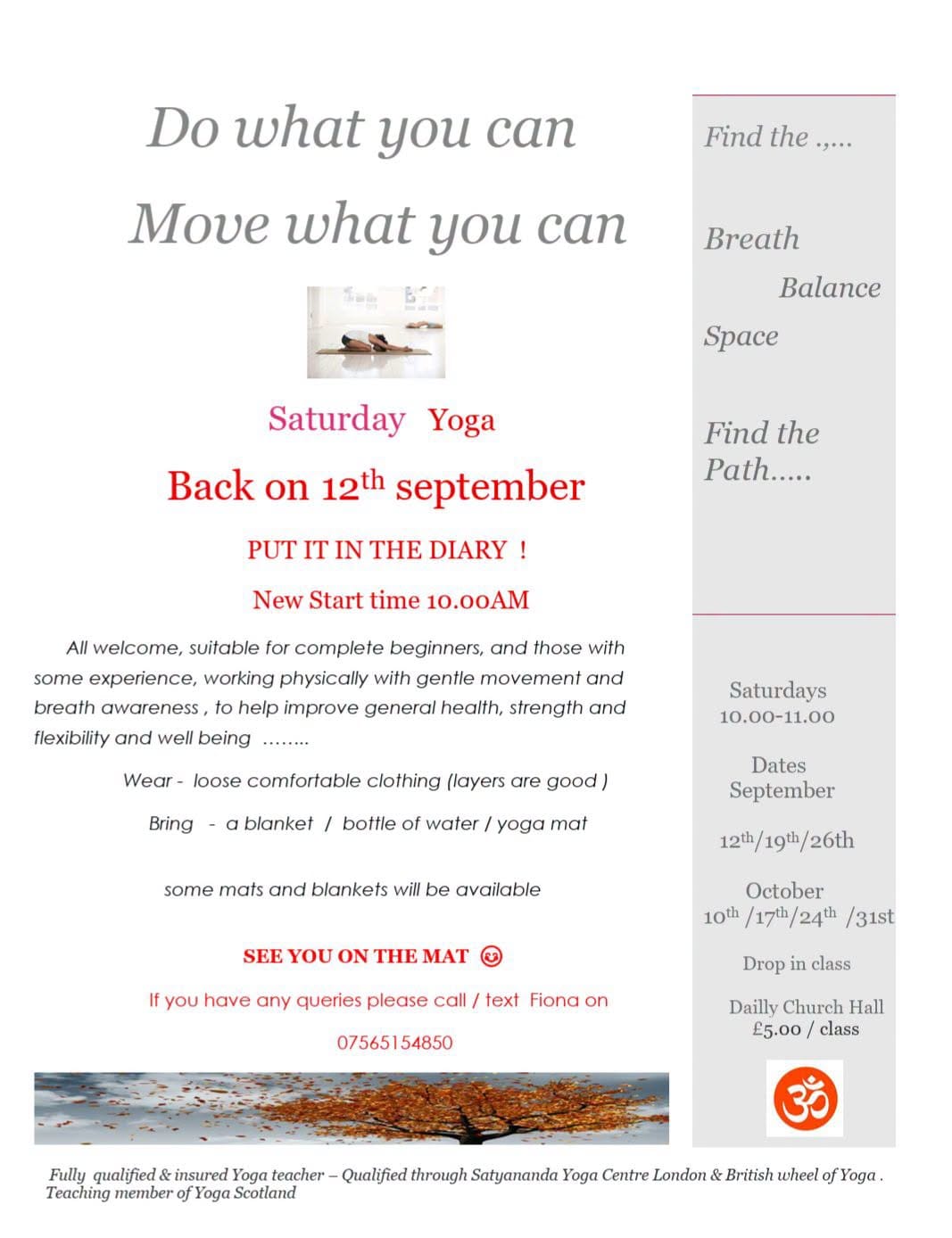 Saturday Yoga with Fiona Dailly Church Hall Flyer.