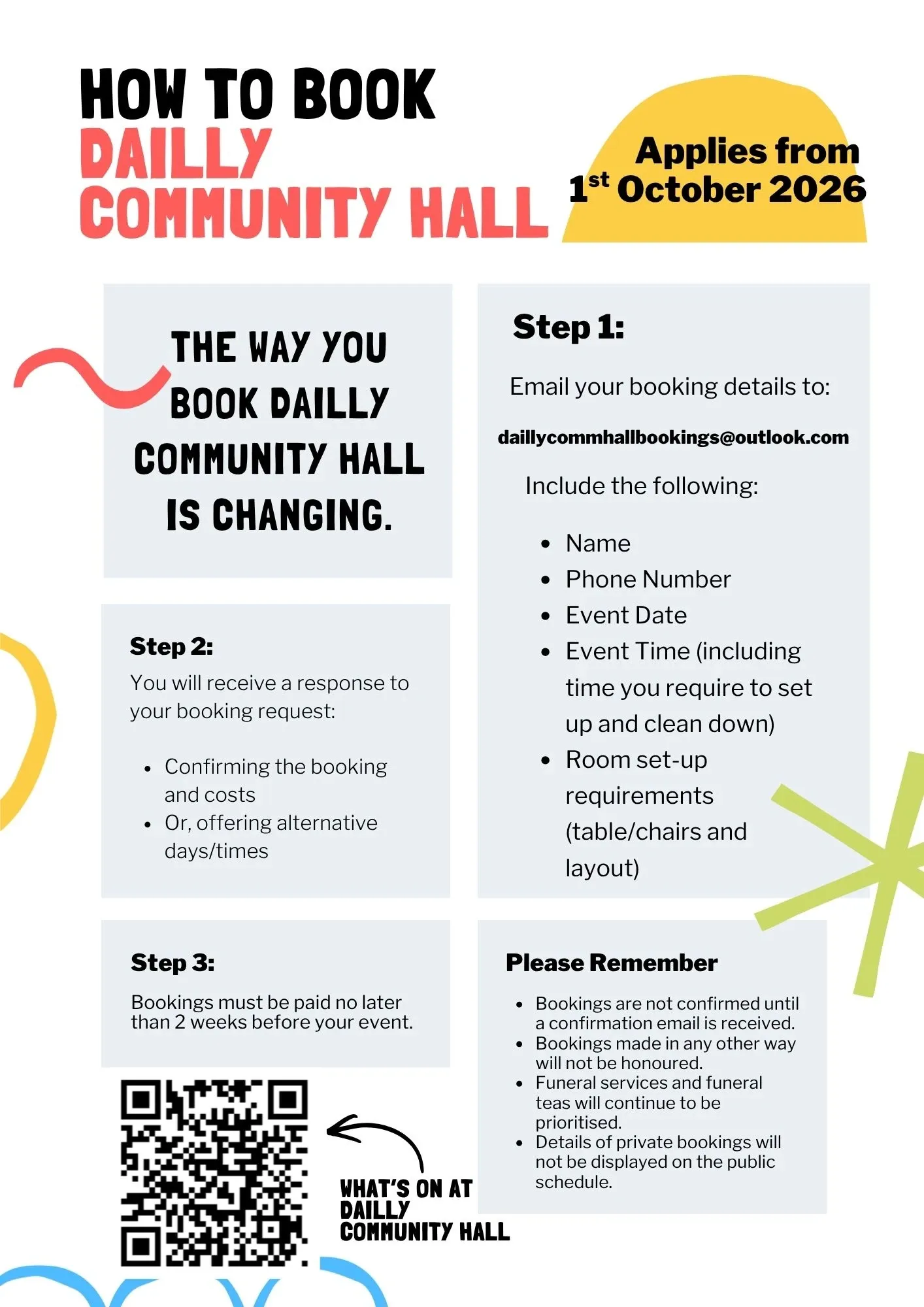 How to book Dailly Community Hall Flyer
