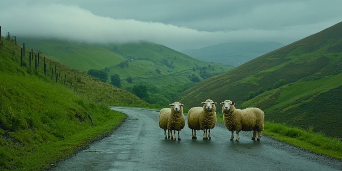 3 sheep standing on a rural road in the hills.