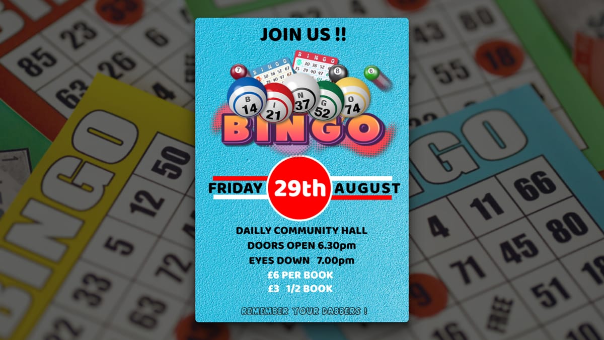 Cash Bingo Night at Dailly Community Hall 29.08.25 flyer.
