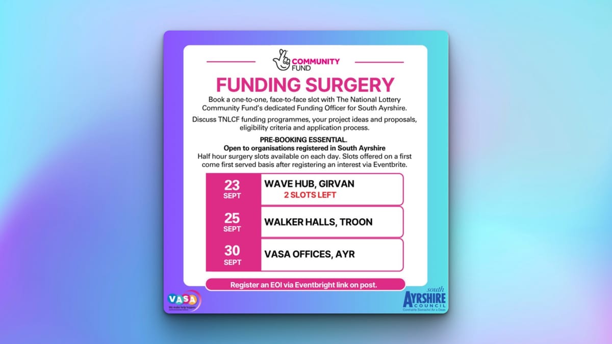  The National Lottery Community Fund (TNLCF) South Ayrshire Funding Surgeries flyer.