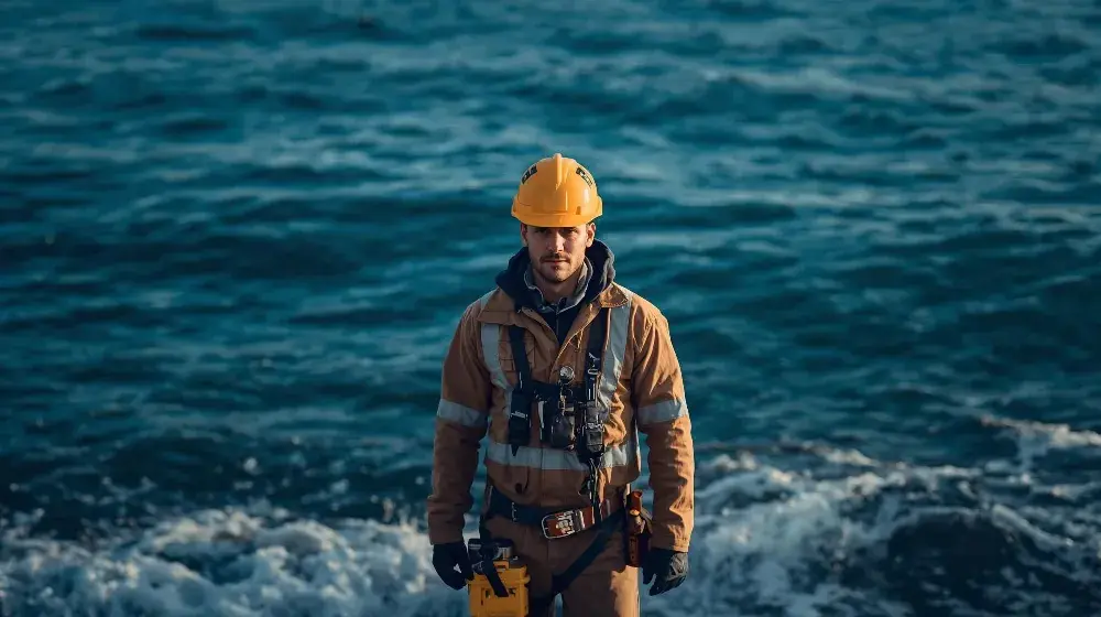 Electricity worker in yellow hardhat standing by the sea.