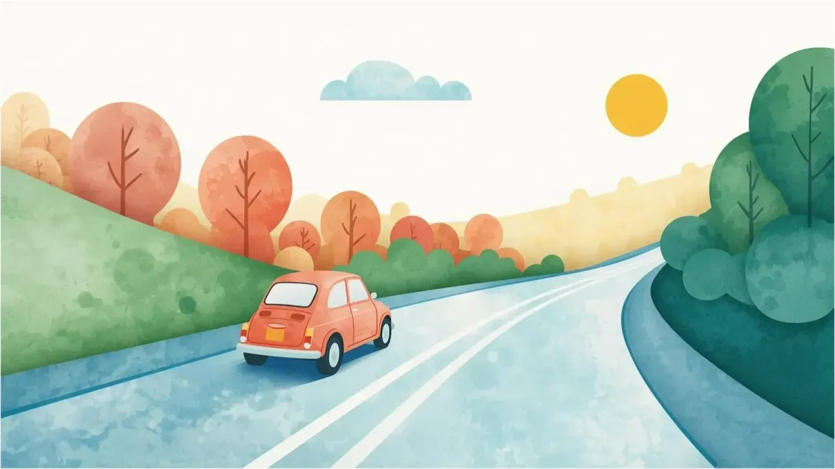 Compact car driving through the countryside, trees hug the road, sun in sky (sketch).