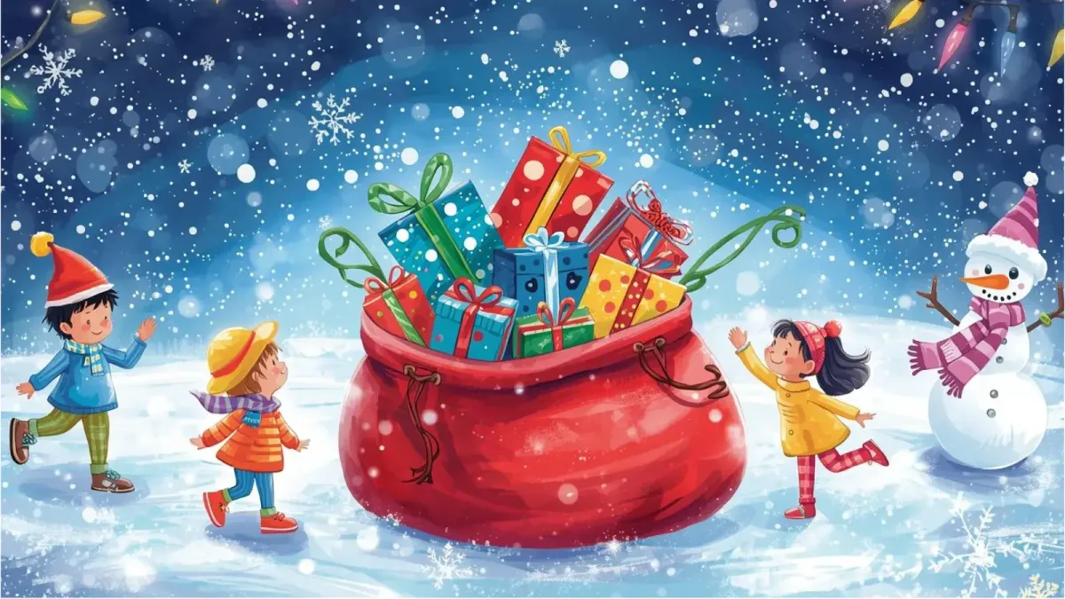 Children playing around Santa's red sack of toys in the snow with a snowman. 