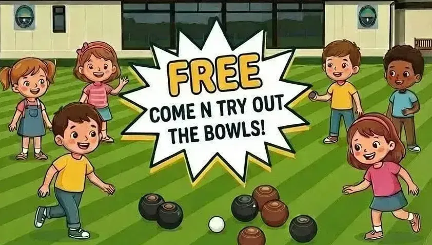 Dailly Junior Bowls Flyer. Children on a bowling green, smiling having fun.