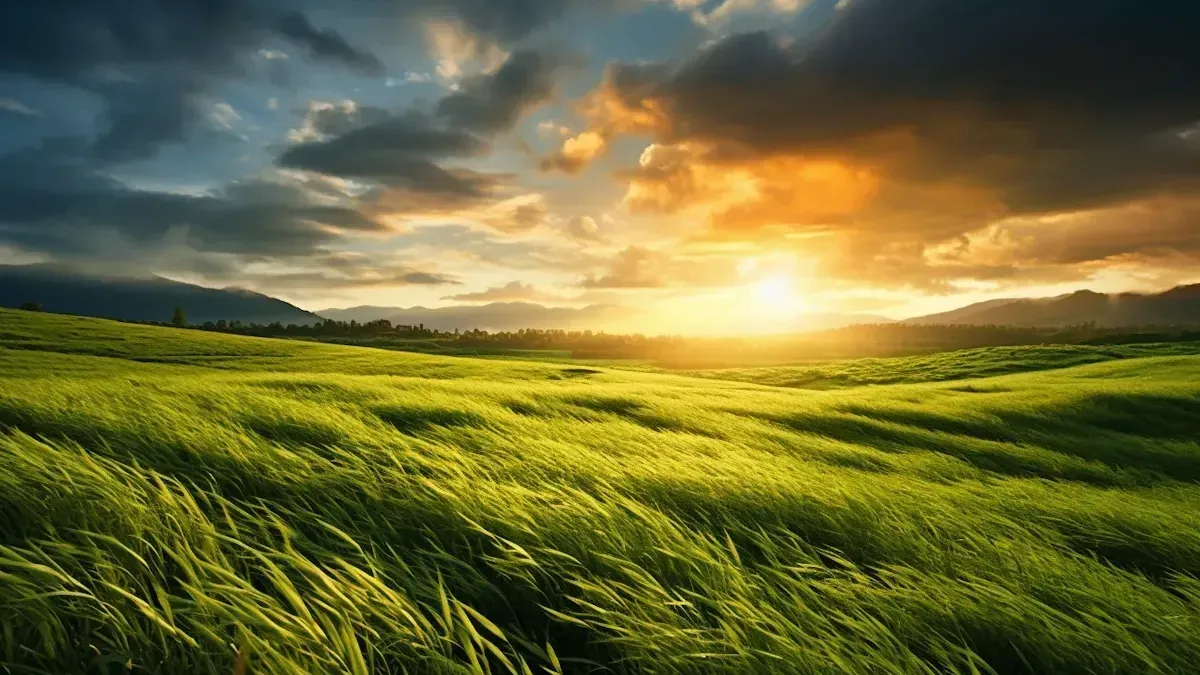 Field with swaying grass at sunset.
