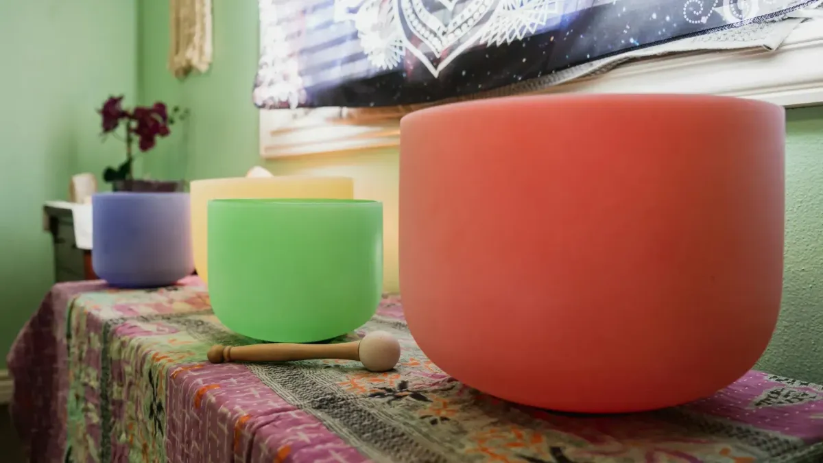 Colourful crystal singing bowls.