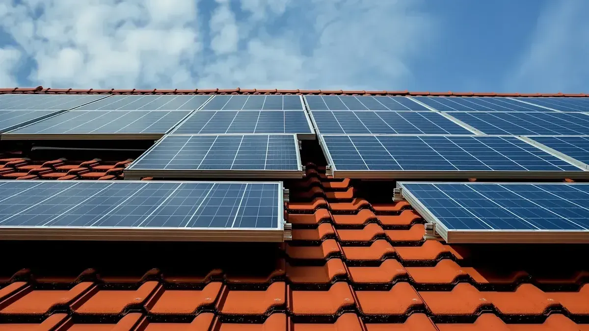 Home roof solar panels on terracotta roof.