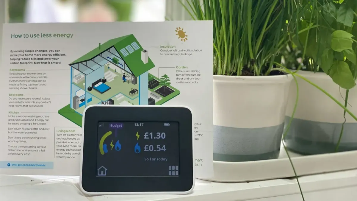 Smart Meter with how to instructions by two potted house plants.