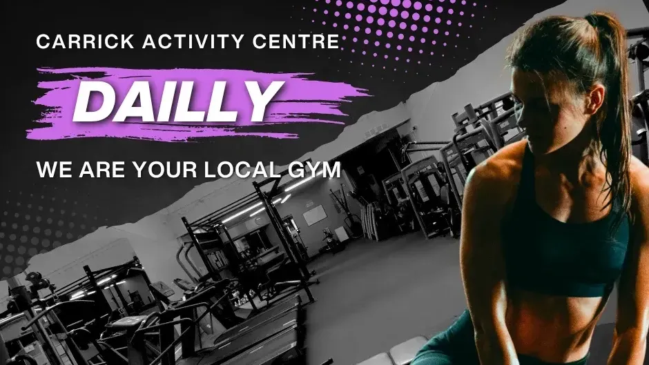 Carrick Activity Centre. Black and white gym photo, with girl working out, image right.
