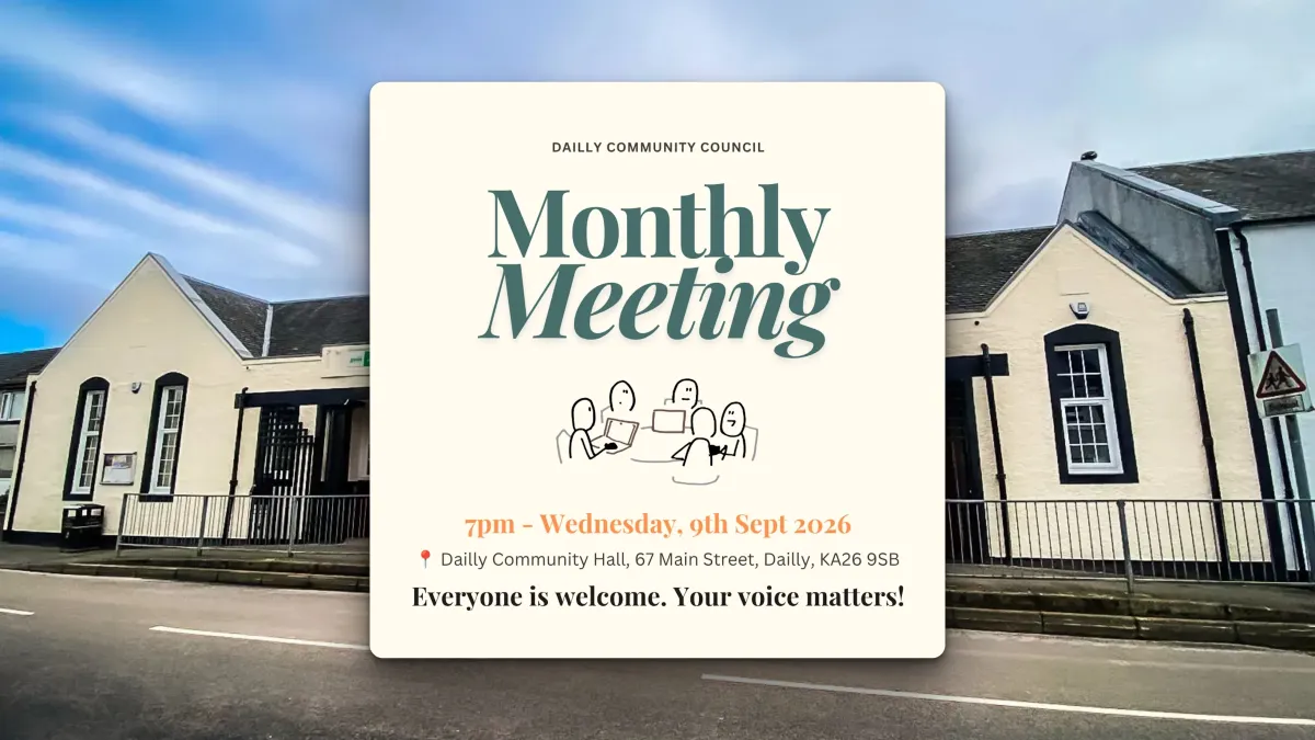 Dailly Community Monthly Meeting September 2026 Notification. Dailly Hall Background.