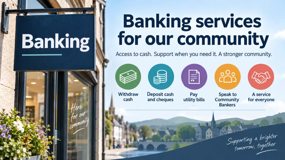 Banking services building on the left overlooking a rural town.