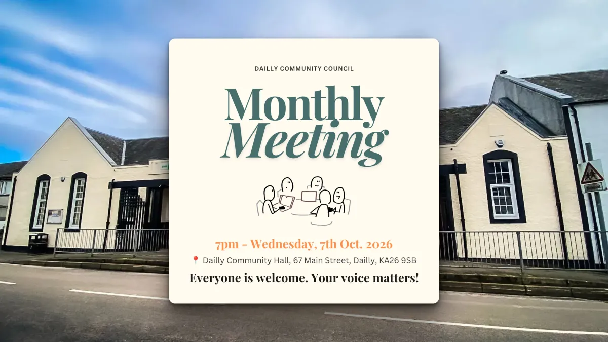 Dailly Community Monthly Meeting October 2026 Notification. Dailly Hall Background.