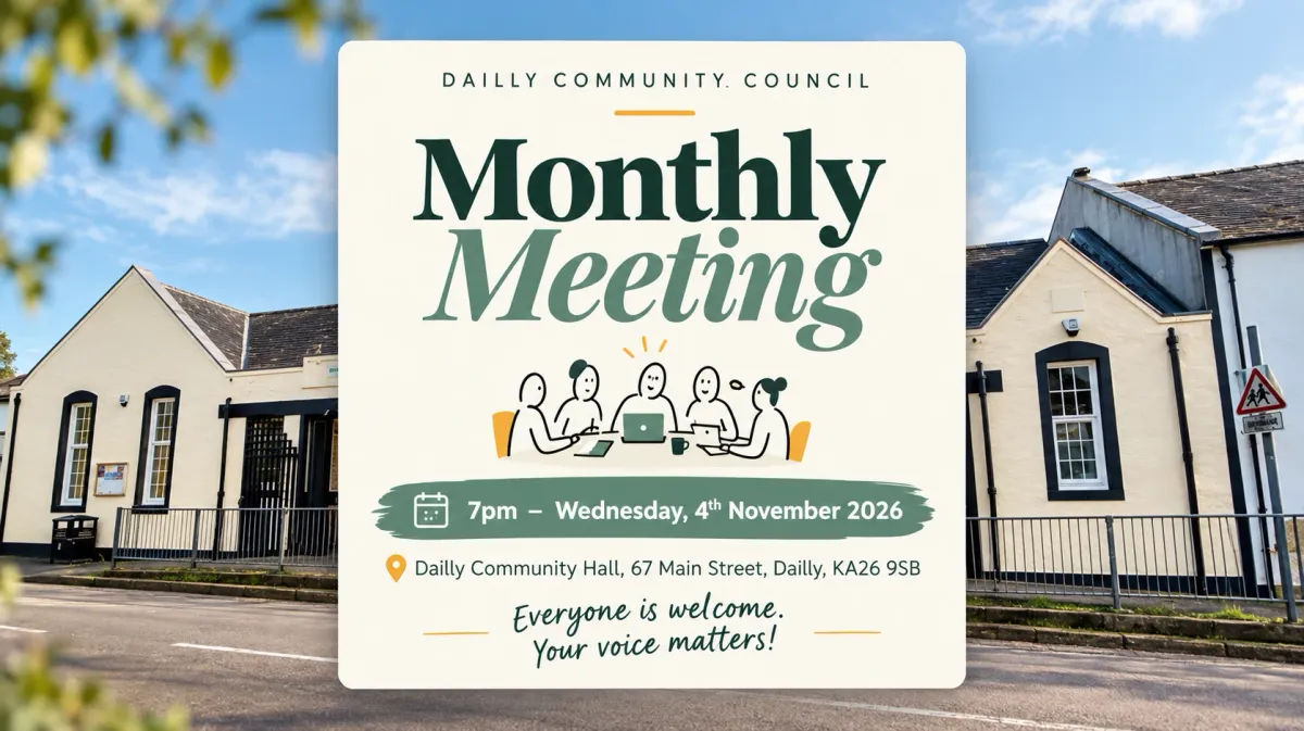 Dailly Community Hall photo behind flyer for Nov 4th 2026 Council Meeting.