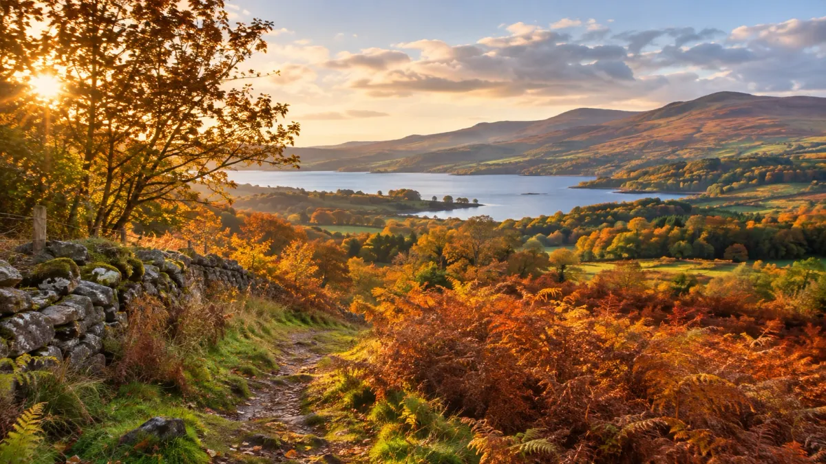 Golden autumnal trail with loch views ahead.