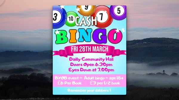 Flyer promoting Cash Bingo Night at Dailly Community Hall 28.03.25.