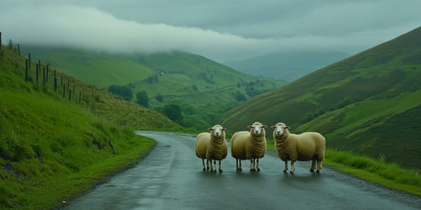 3 sheep standing on a rural road in the hills.