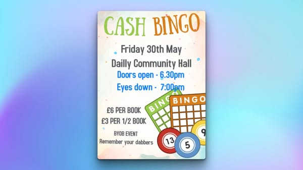 Flyer promoting Cash Bingo Night at Dailly Community Hall 30.05.25.