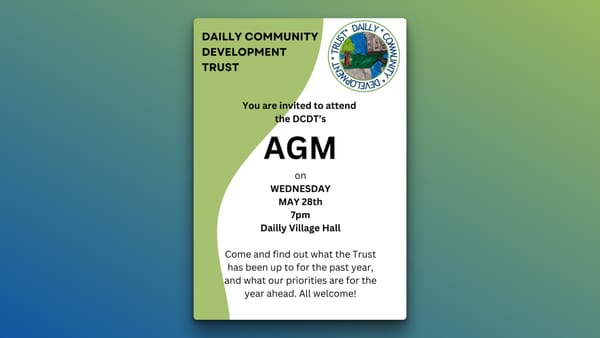 Flyer promoting the Dailly Community Development Trust AGM on 28 May 2025.