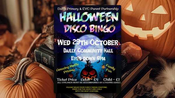 Dailly's Halloween Disco Bingo flyer on top of a Halloween pumpkin background.