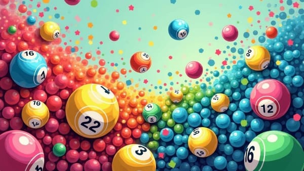 Falling colourful bingo balls. Blue, pink, green, orange and yellow.