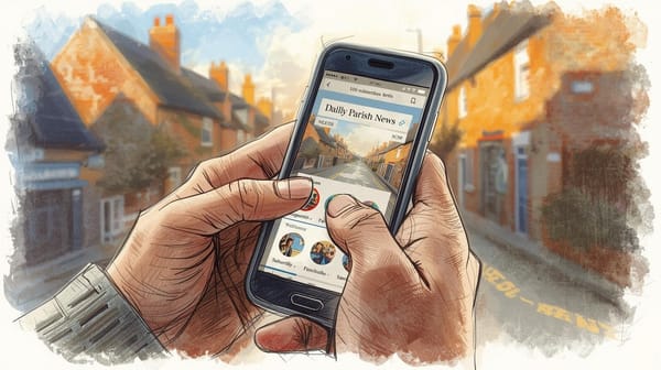 Man holding a mobile phone in a street subscribing to Dailly Parish News & Events