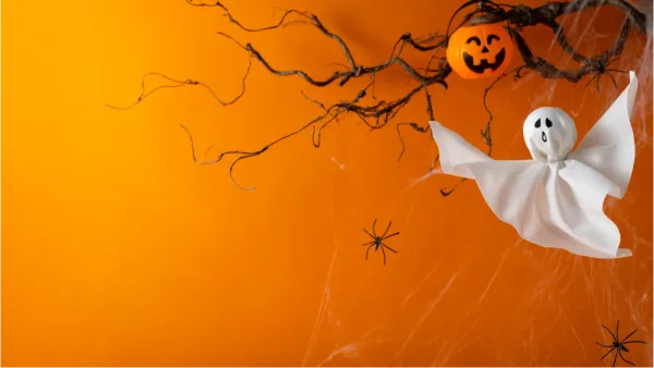 Orange Halloween backdrop with pumpkin, ghost and spiders.