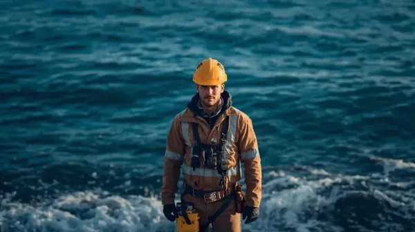 Electricity worker in yellow hardhat standing by the sea.