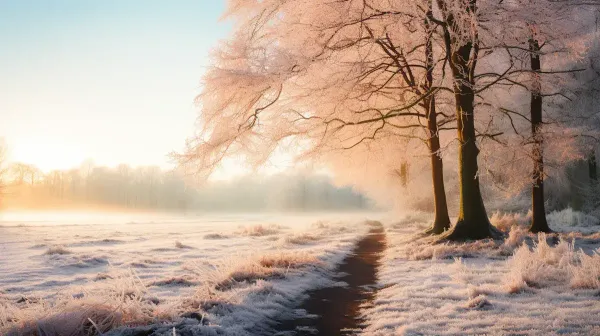Snowy pathway through the woods at dawn.