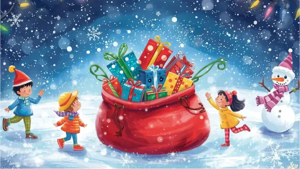 Children playing around Santa's red sack of toys in the snow with a snowman. 