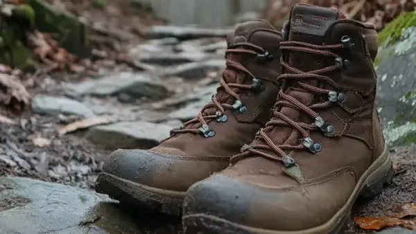 Walking boots on forrest path.