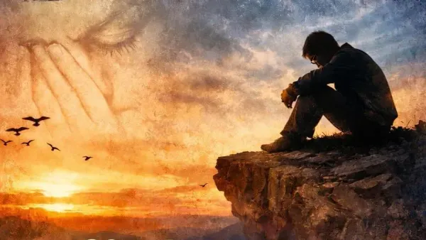 Man in despair, sitting on the edge of a high hill. Sunrise in distance with birds soaring up.