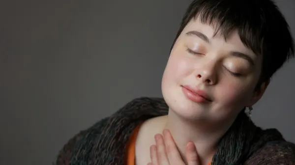 Woman taking time to be mindful for herself. Eyes closed with a simple breath.