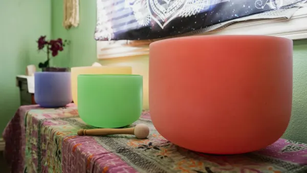 Colourful crystal singing bowls.