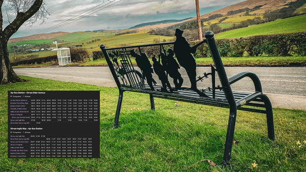 Bus stop and memorial chair, Eldinton Terrace, Dailly. (Bus Timetable insert)